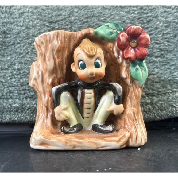 ACME China Planter Pixie Elf Crouching in Tree Stump Vintage Made in Japan - Picture 2 of 8
